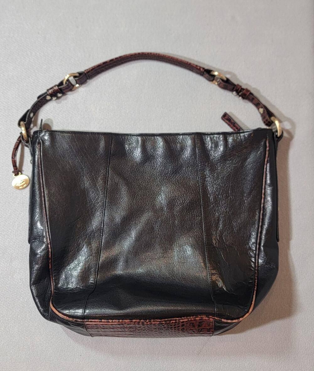 Brahmin Black Leather Hobo Bag Pecan Croc Embossed Large Shoulder Purse